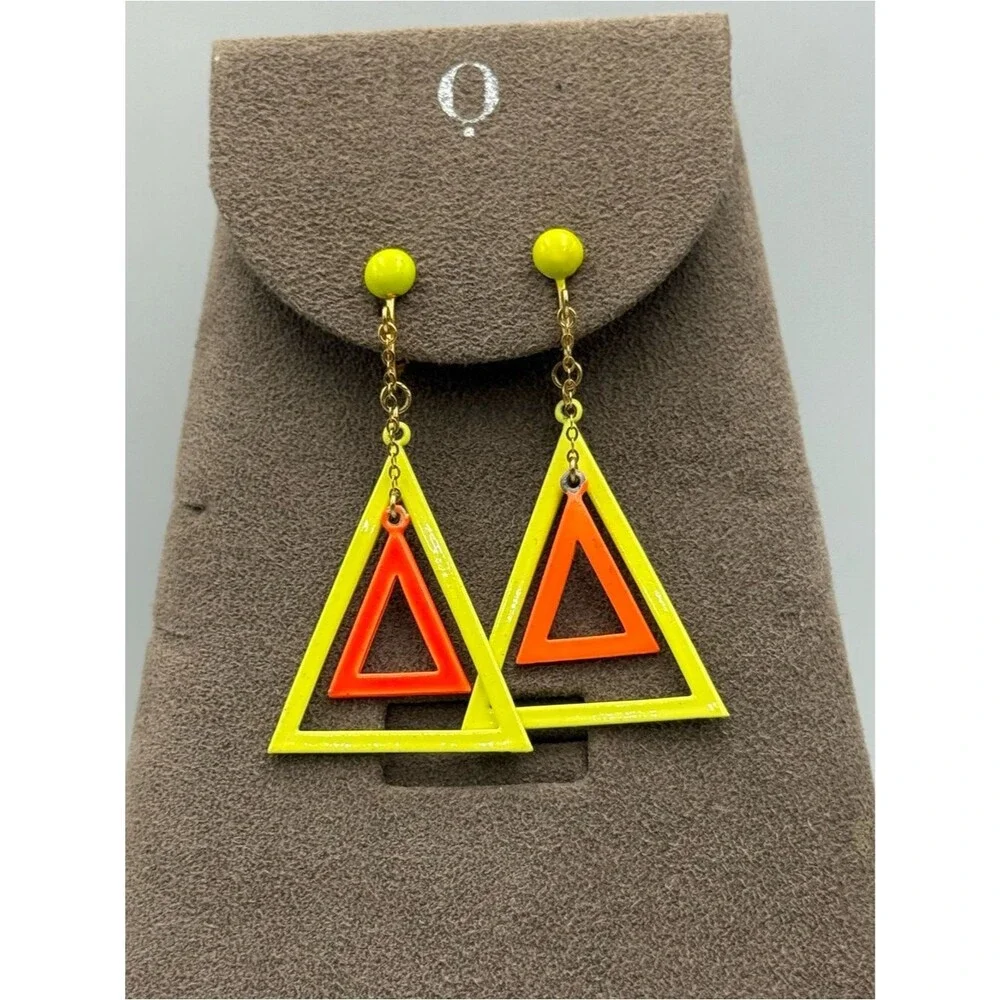 Vintage Neon Yellow & Orange Geometric Triangle Drop clip on Earrings
